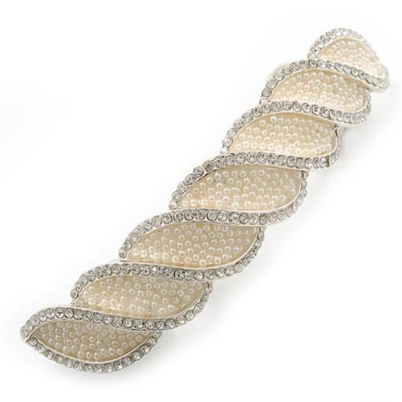 Bridal Wedding Prom Silver Tone Pearl Diamante Hair Clip Grip 85mm main image 9